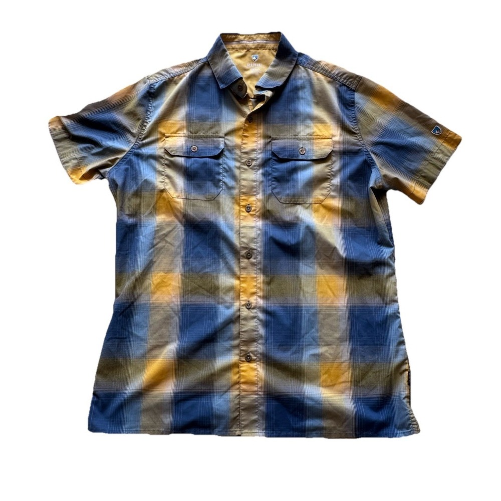 Kuhl Yellow And Blue Plaid Shirt Small Button-Down Short Sleeve Hiking